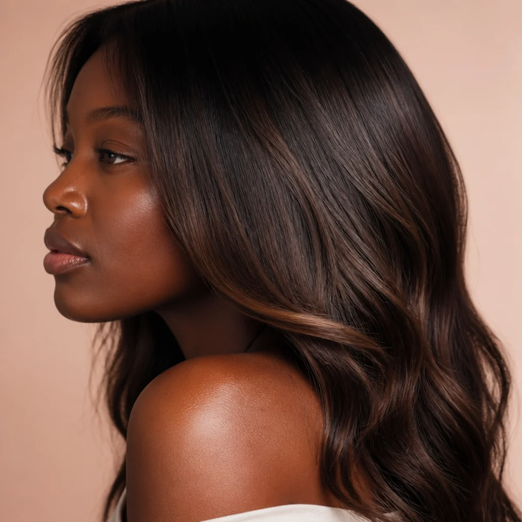 Side view of glossy dark brunette with a deep espresso root shadow blending into warm brown mids