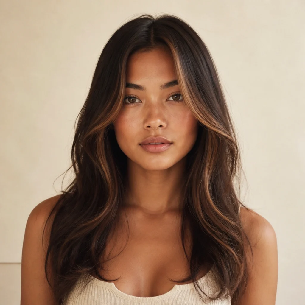 Front view of chestnut brown hair with two brighter warm money pieces framing the face