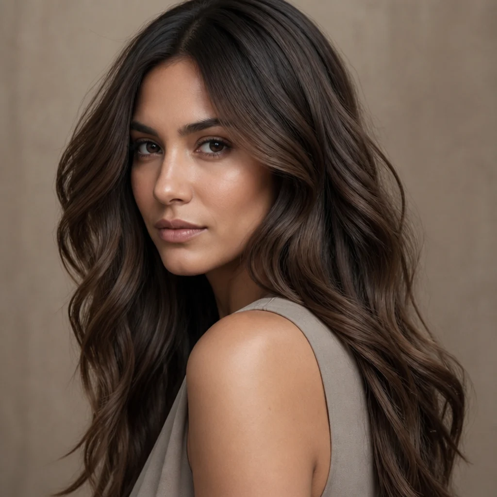 Three-quarter view of cool walnut brown hair with layered ash and neutral tones creating multi-tonal depth