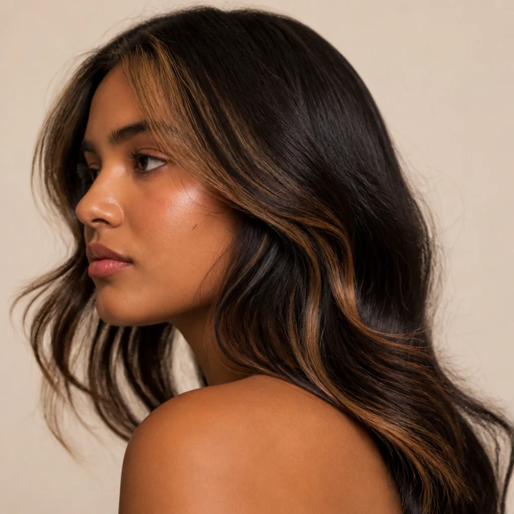 Side profile of brown hair with warm toffee ribbons painted along the face-framing layers