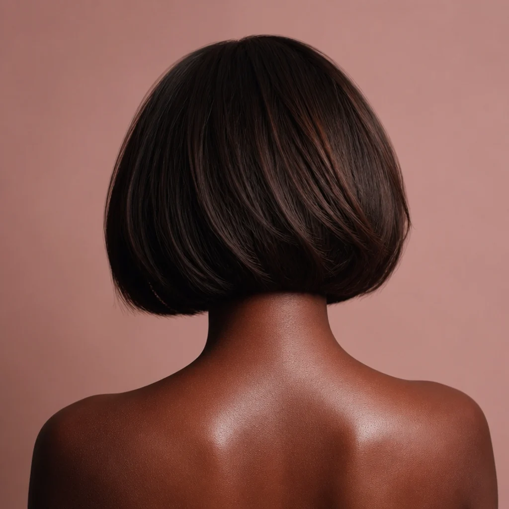 Back view of a blunt chin-length bob in rich chocolate brown with subtle warm dimension through the layers