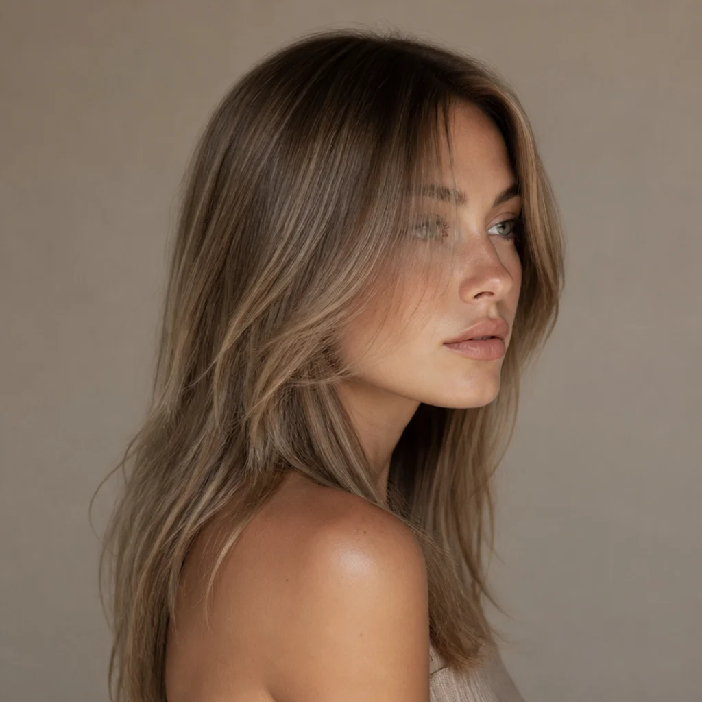 Side view of light brown ash bronde hair with cool sandy dimension through mid-lengths