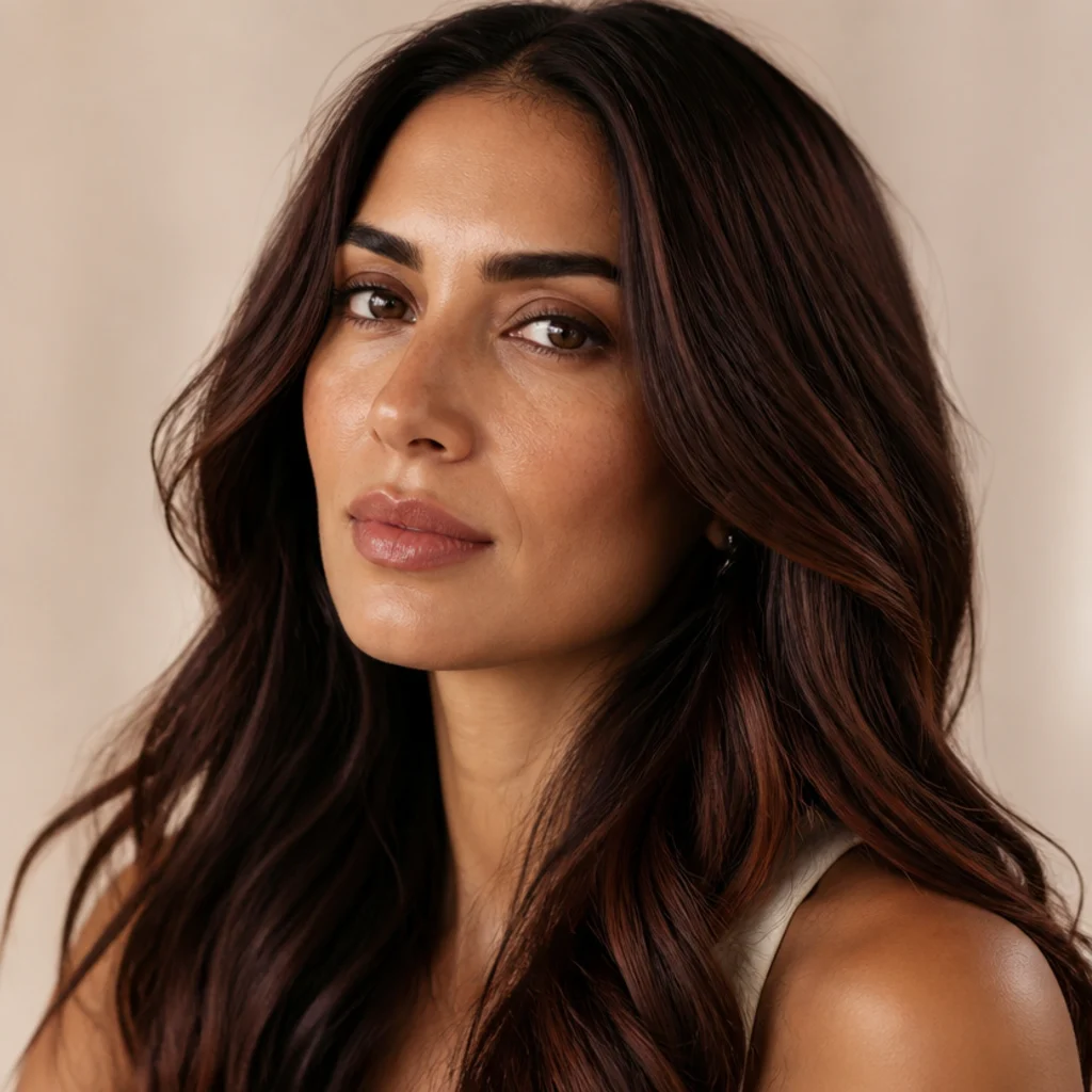 Three-quarter view of deep brown hair with rich auburn dimension woven through the lengths