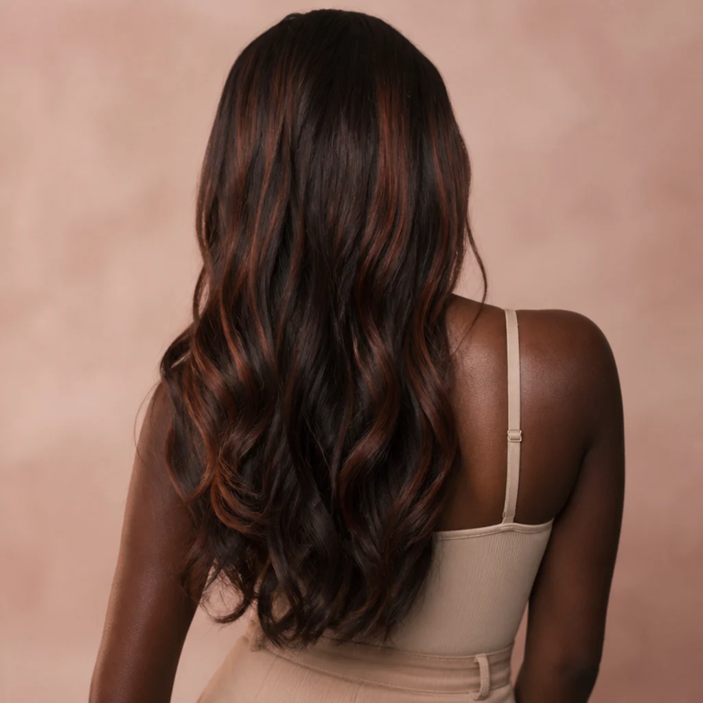 Back view of long dark hair in warm chocolate brown with subtle mahogany dimension