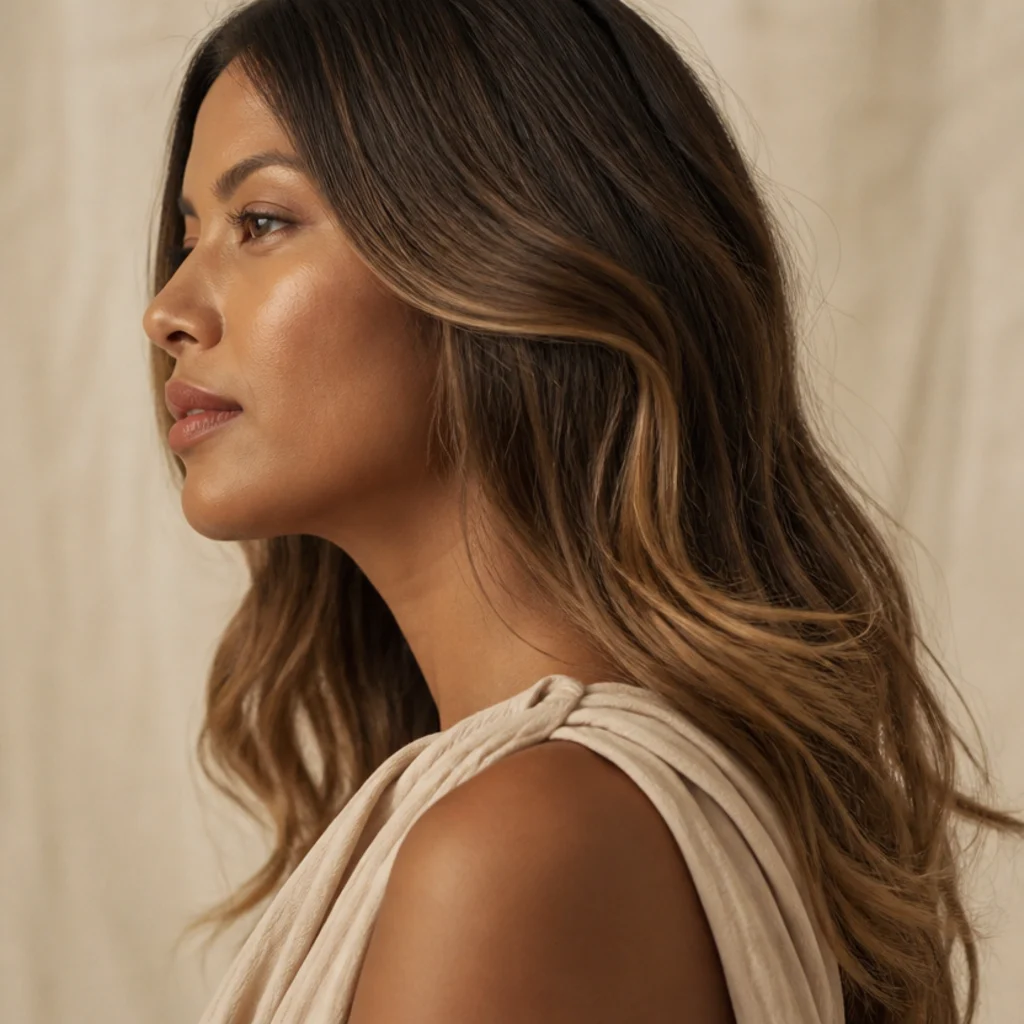 Side profile of chestnut brown hair with hand-painted golden balayage sweeping through the ends