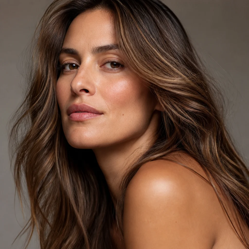 Three-quarter view of brown hair with ultra-fine babylights creating soft subtle dimension