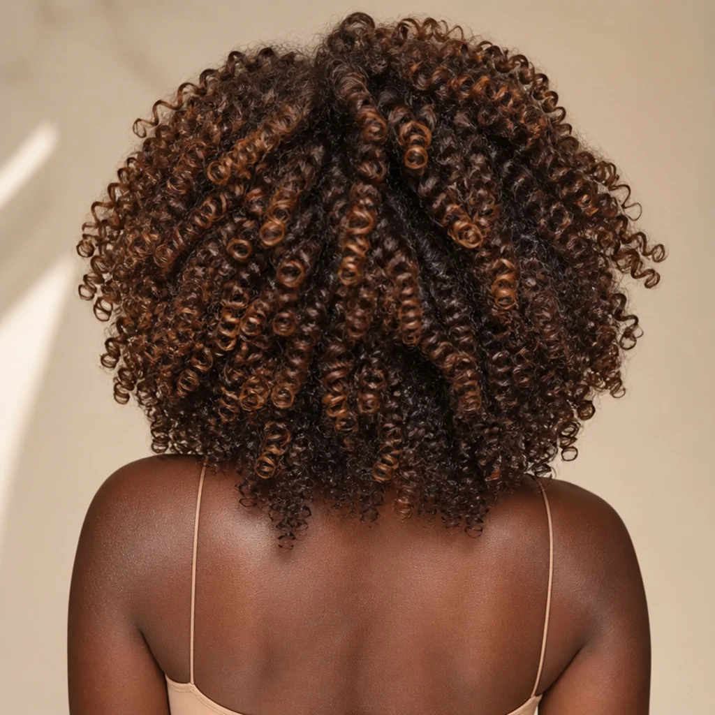 Back view of voluminous curls in brown with bronze dimension catching light across the coils
