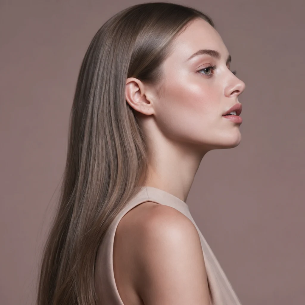 Side view of cool brown hair with pearly ash and silver-toned dimension through the lengths