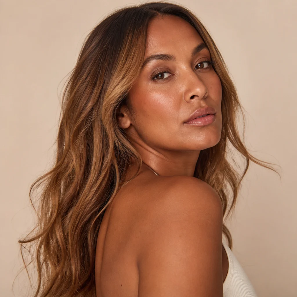 Three-quarter view of hazelnut brown hair with warm golden-brown dimension around the face