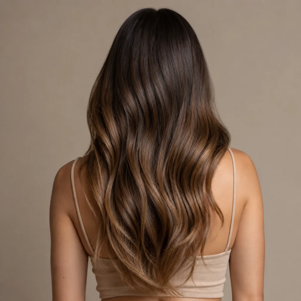 Back view of hair with smoky cool brown roots blending into warmer caramel ends