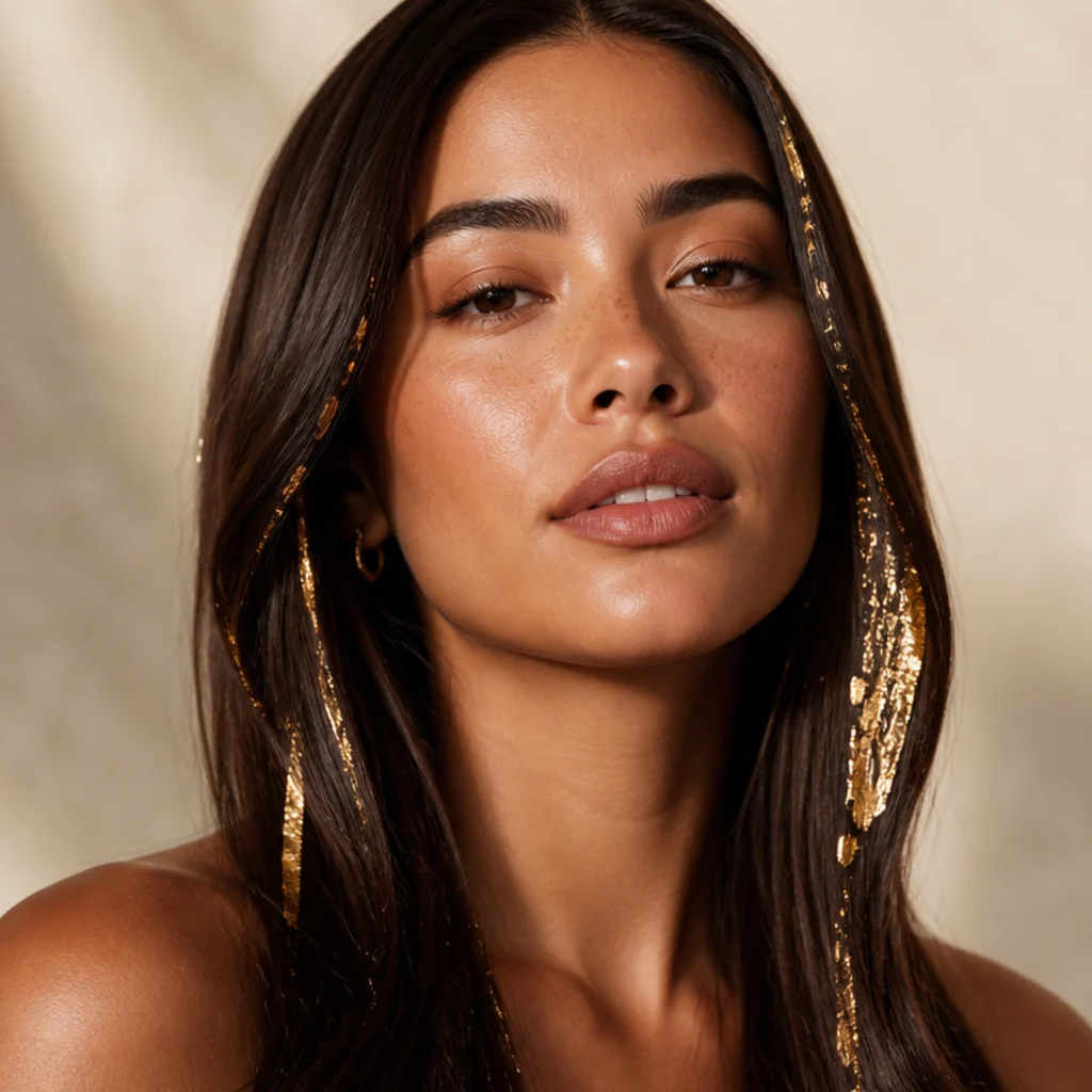 Front view of dark brown hair with bright golden money pieces framing the face