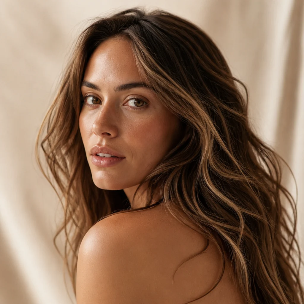 Three-quarter view of tousled brown hair with soft sun-grazed lighter pieces scattered naturally