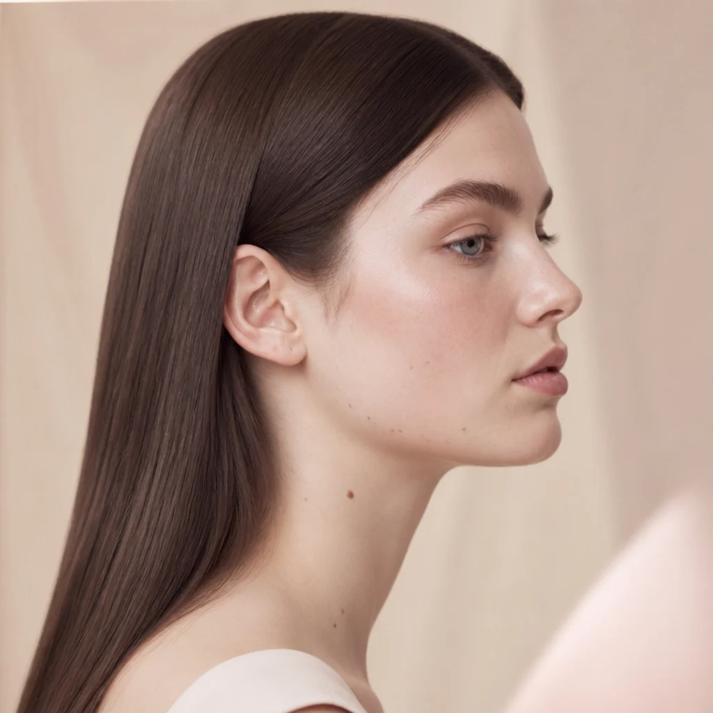 Side profile of cool cocoa brown hair with soft ashy dimension against fair skin