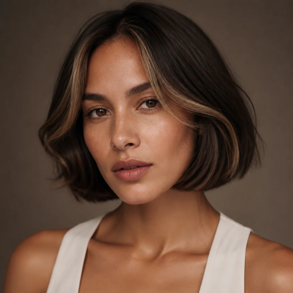 Front view of a jaw-length bob with soft curtain money pieces framing the face in warm brown