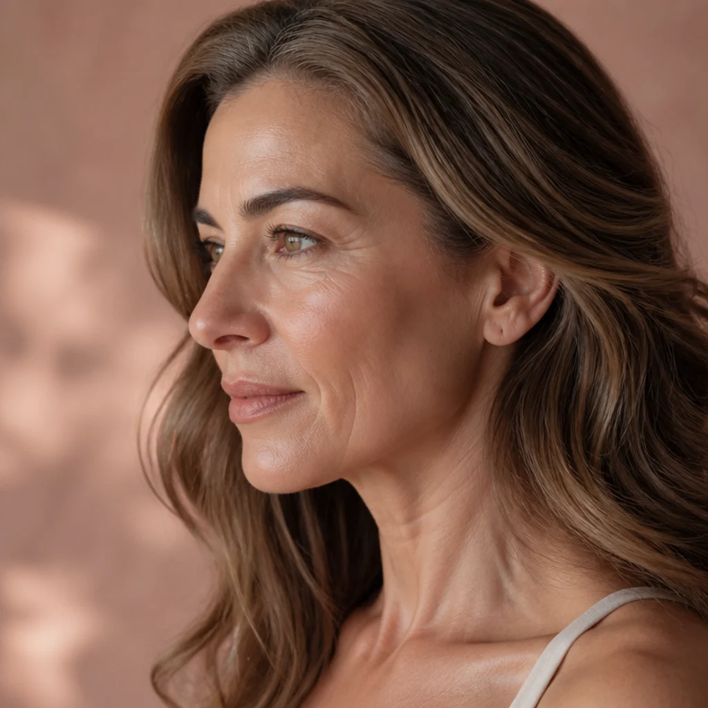 Side view of light brown hair with muted bronde lowlights adding soft depth from within