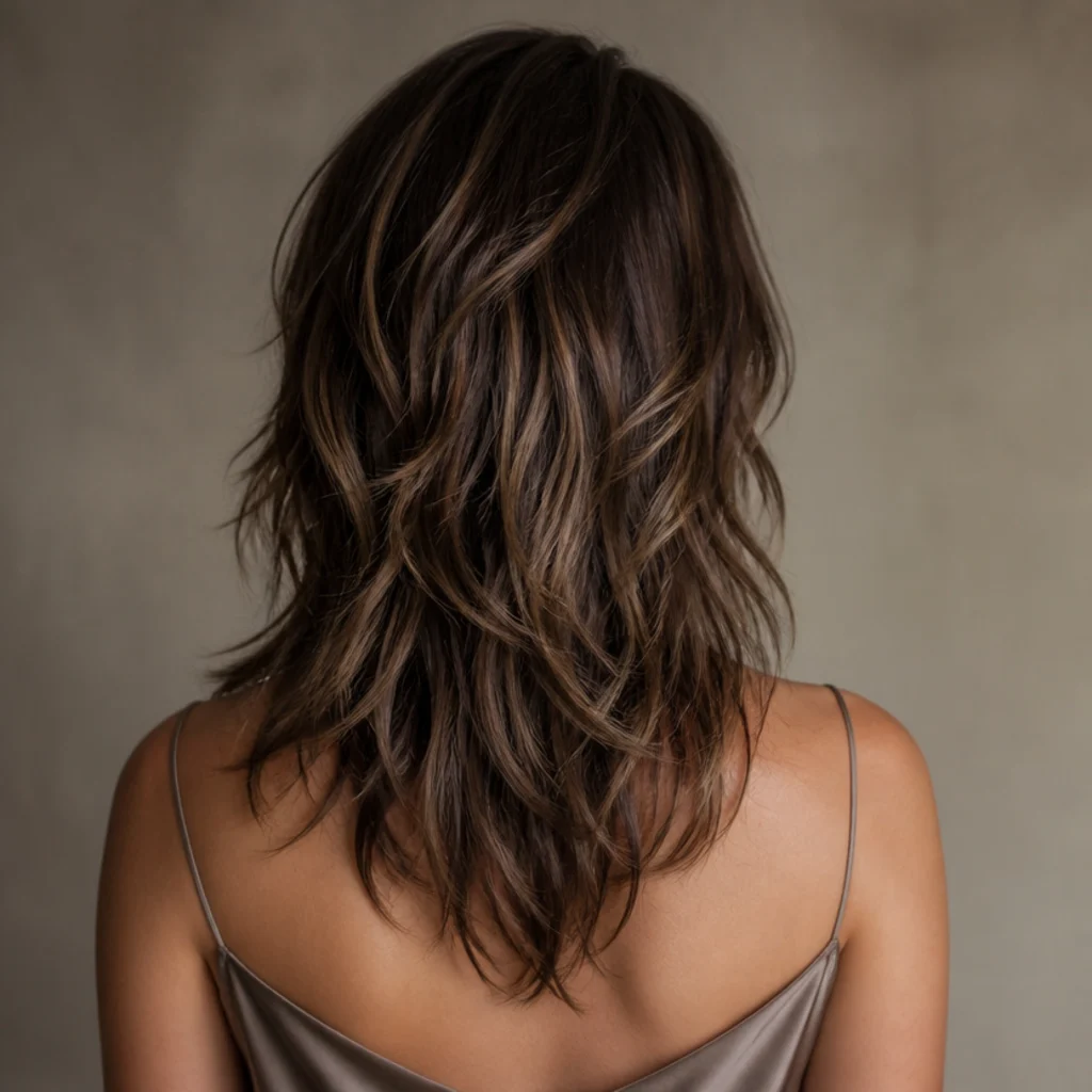 Back view of a layered shag cut in brown with multi-tonal dimension through the choppy layers