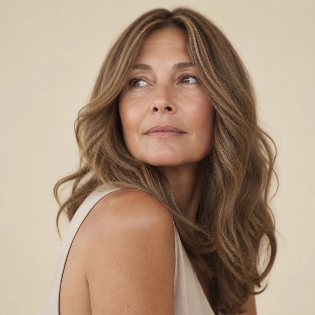 Three-quarter view of soft warm brown hair with a fluffy teddy-bear dimensional finish