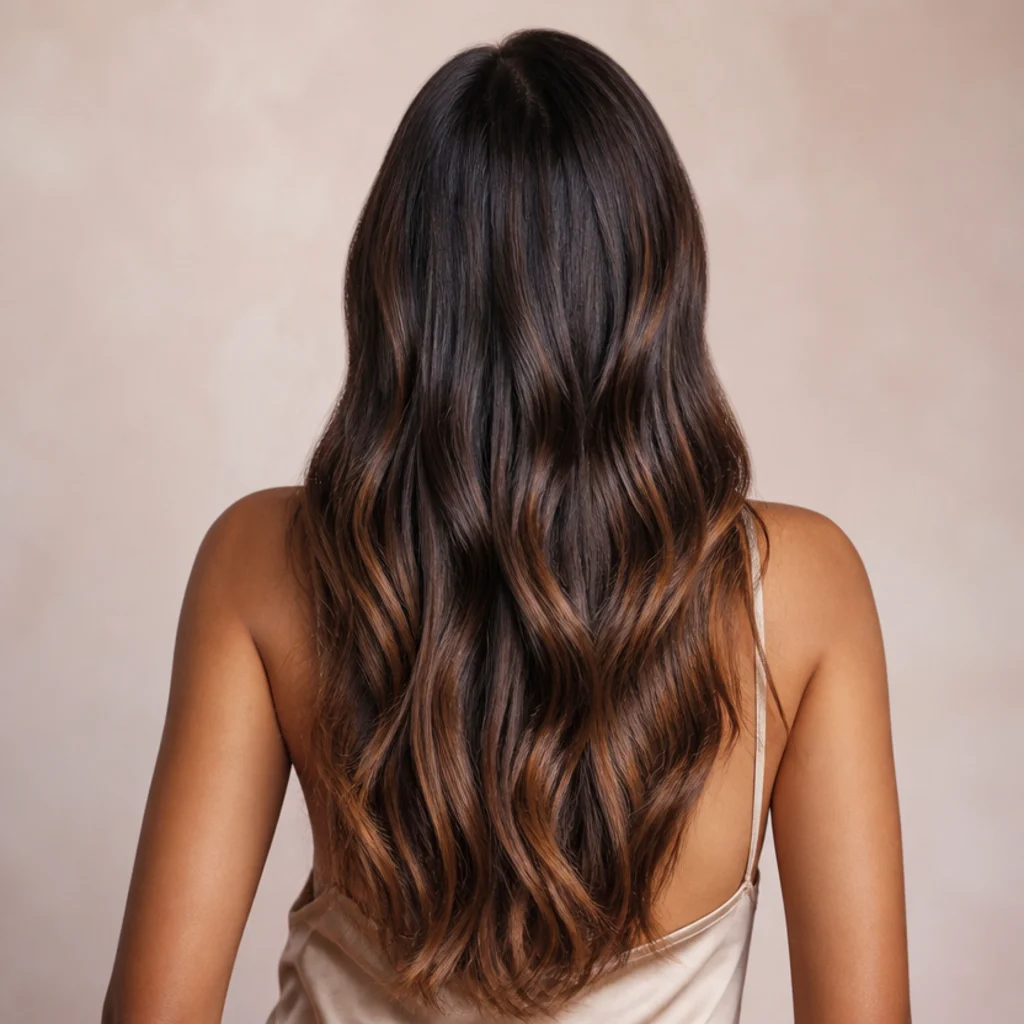Back view of glossy dark espresso hair melting into warm caramel through the ends
