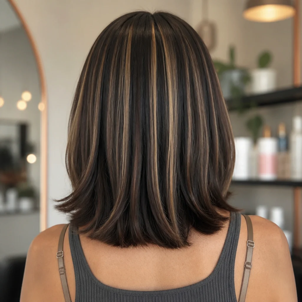 Back view of shoulder-length brunette hair showing evenly spaced same-width highlights that read flat and striped rather than blended and varied