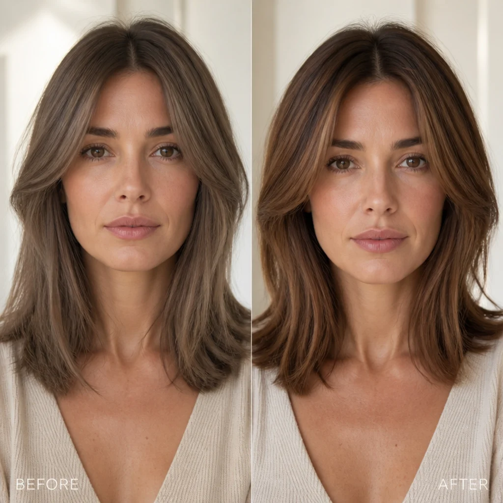 Close-up of brunette mid-lengths comparing a clean warm chestnut tone on the left against a dull greyed-out muddy tone on the right