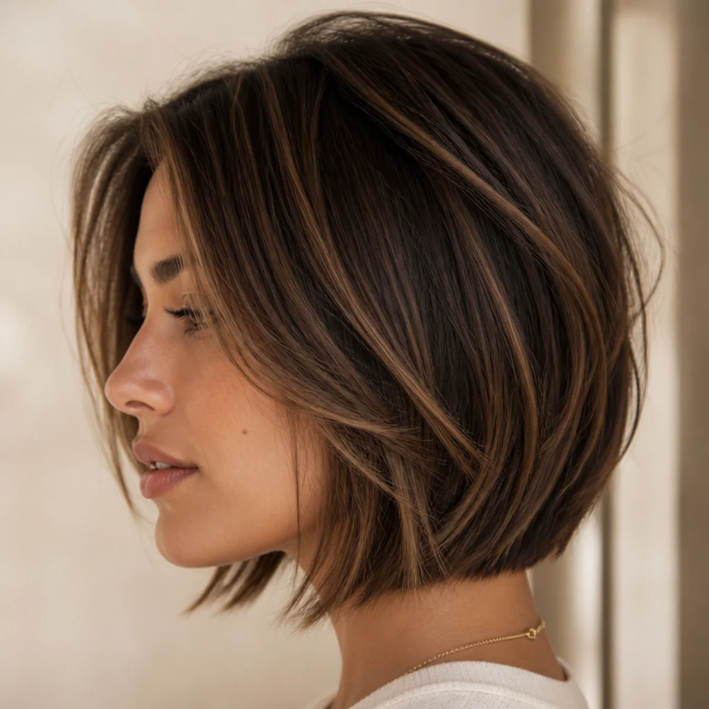 Side profile of a brunette dimensional brunette bob showing color placement that follows the layered cut with brightness set through the ends and around the jaw