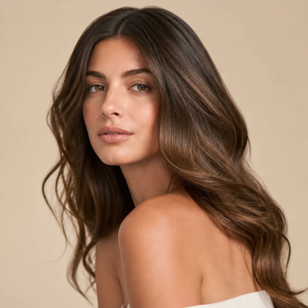 Studio shot of glossy healthy brunette waves with visible shine and clean warm dimensional tone, lit to show depth at the root and brightness through the mid-lengths