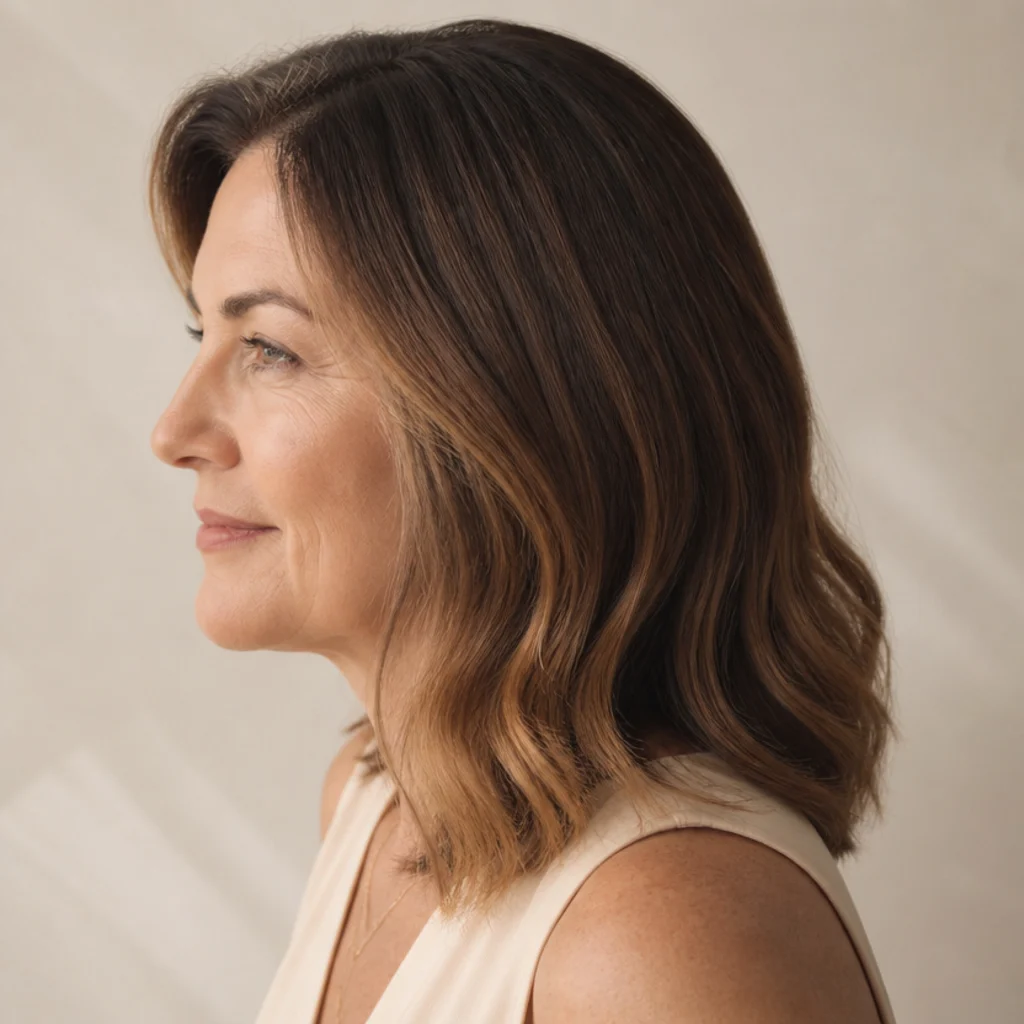 Brunette hair showing a cocoa root smoothly blurred into warmer chestnut lengths with no visible demarcation line, photographed from the side