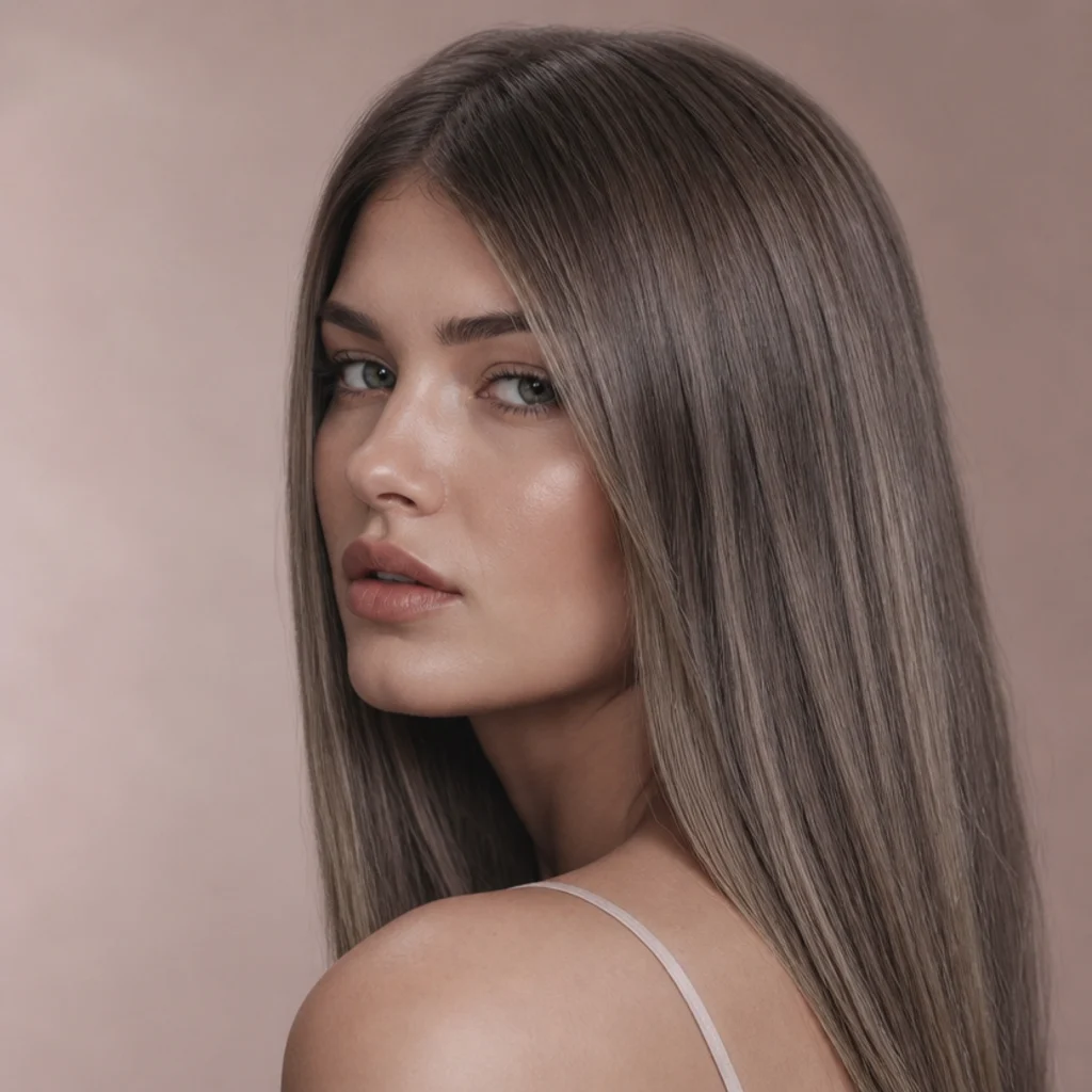 Model with cool mushroom brown hair showing muted taupe and ash low-contrast dimension in soft diffused studio light