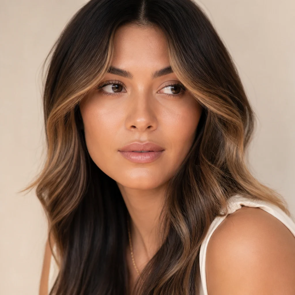 Brunette hair with a soft diffused honey money piece framing the face and melting into a deeper brown base at the cheekbone, three-quarter angle
