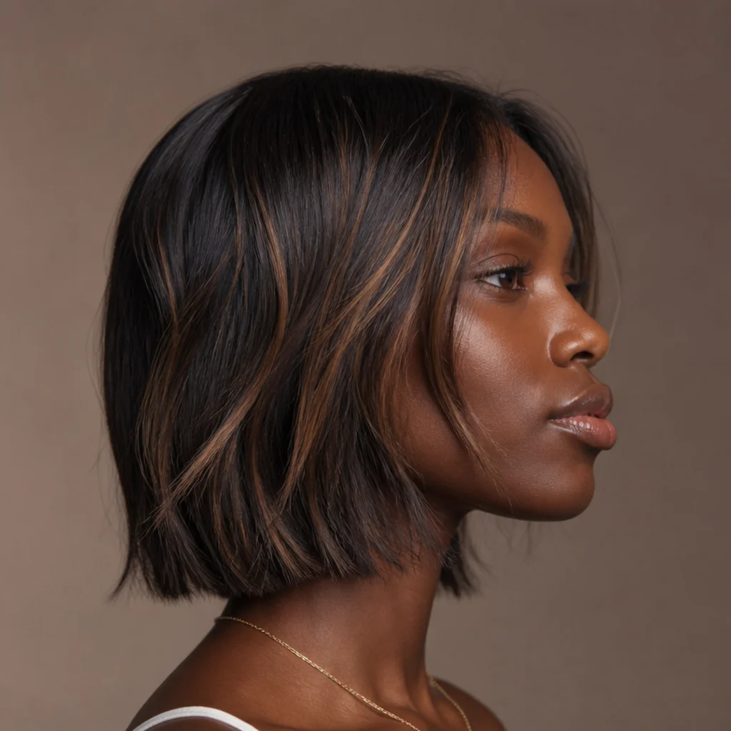 Dark espresso brunette hair threaded with sparse, finely feathered warm caramel ribbons for subtle glow, side profile in diffused light