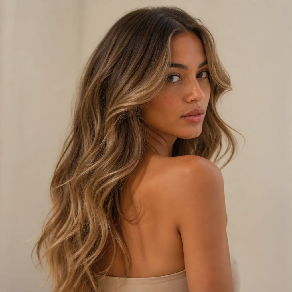 Brunette-to-golden-bronde melt on long waves with a high blurred transition point, shown at a three-quarter back angle in soft light