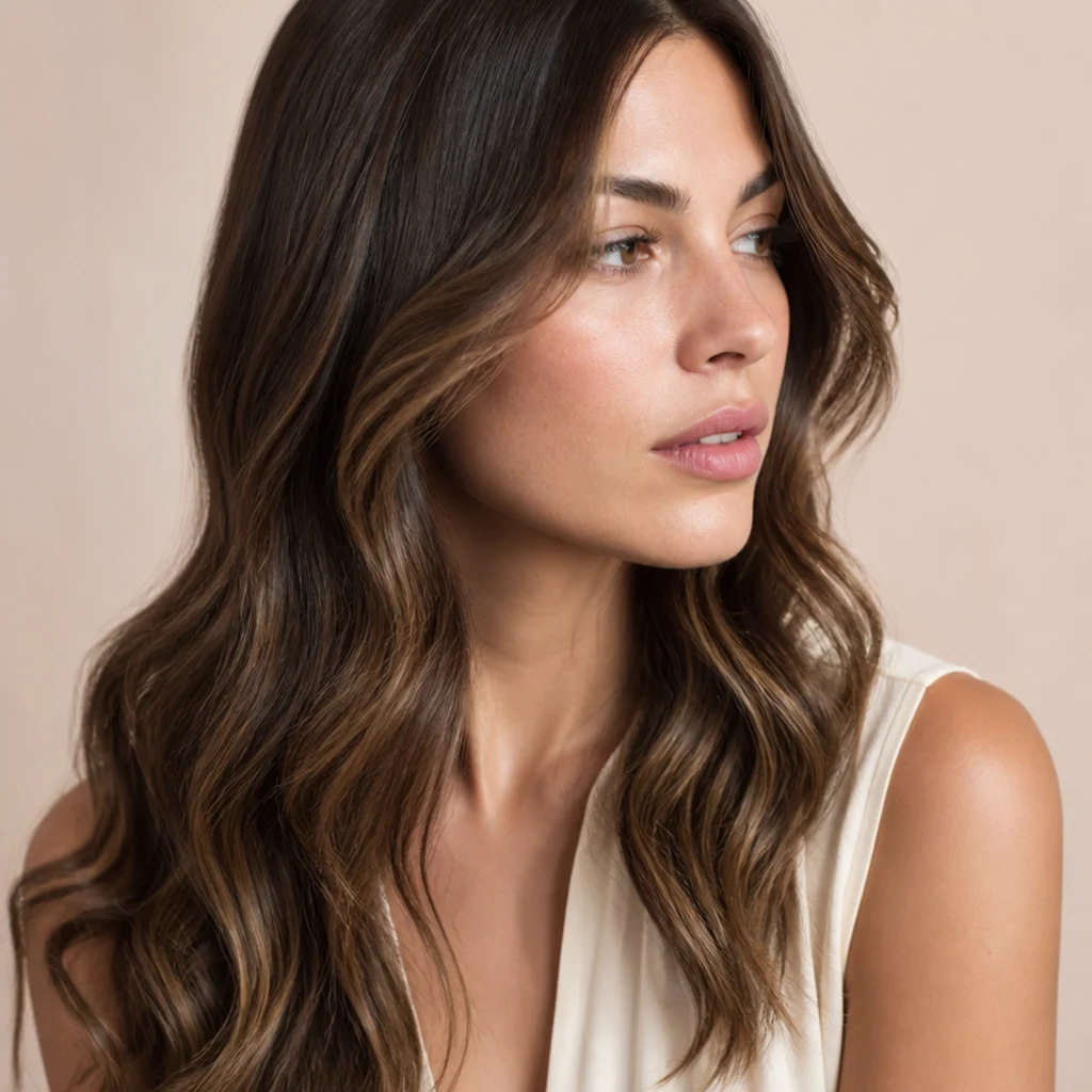 Chestnut brunette hair with fine soft babylights woven through the mids and ends for delicate lived-in dimension, three-quarter angle
