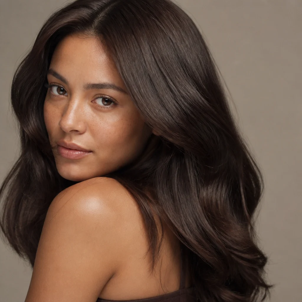 Deep brunette hair with subtle tone-on-tone shadow and high shine, minimal contrast lightness, photographed in soft light