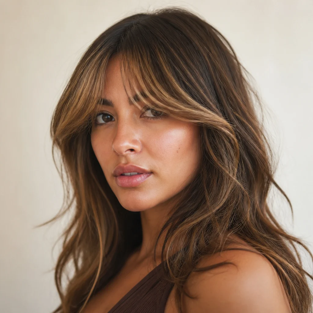 Brunette hair with a soft melted vanilla chai money piece brightening the front and diffusing into a warm spiced brown base, three-quarter angle