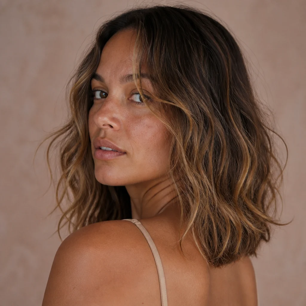 Sandy beachy brunette with soft sun-faded dimension concentrated around the face and ends on tousled waves, three-quarter back angle