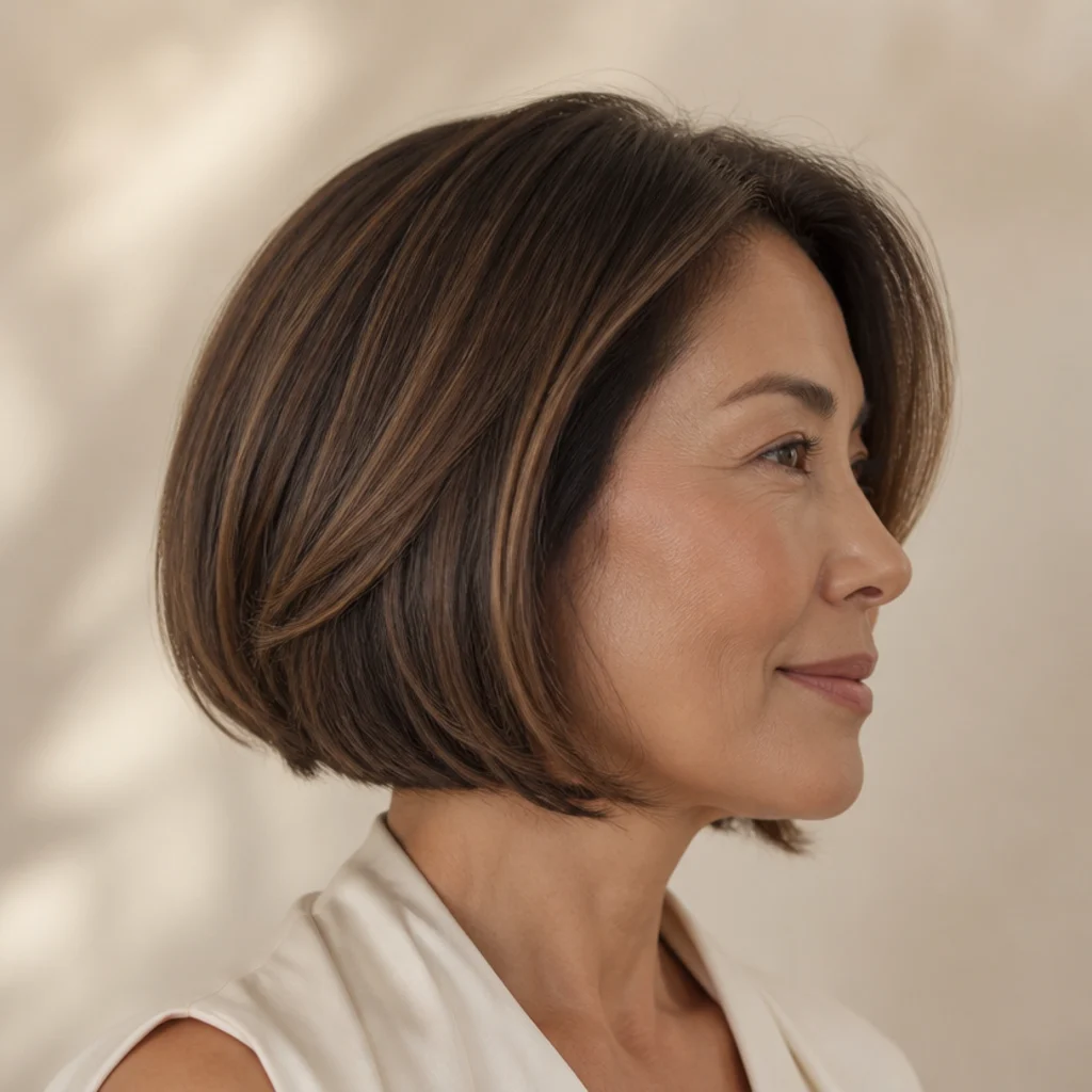 Chin-length brunette bob with soft diffused babylights and a subtle shadow root adding gentle line-free movement, side profile