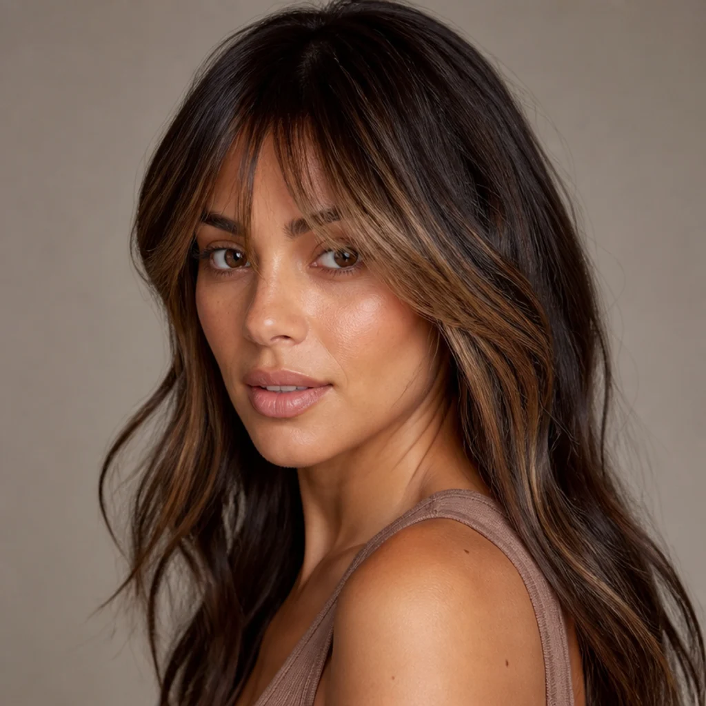 Brunette with warm toffee dimension brightening soft curtain bangs where the fringe parts, softening into a deeper brown through the back, three-quarter angle
