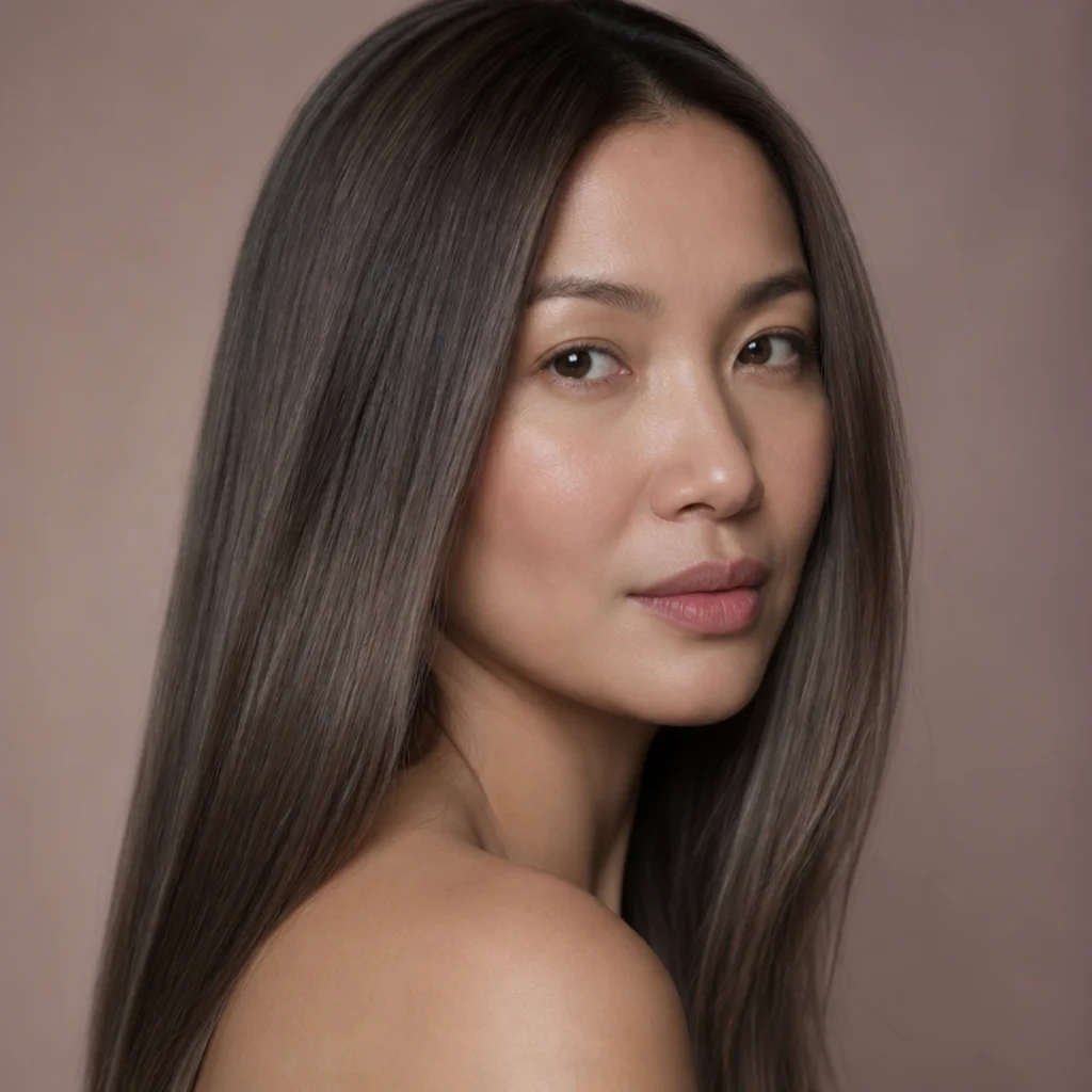 Model with cool ash brunette color showing smoky low-contrast dimension and a neutral-cool finish in soft studio light