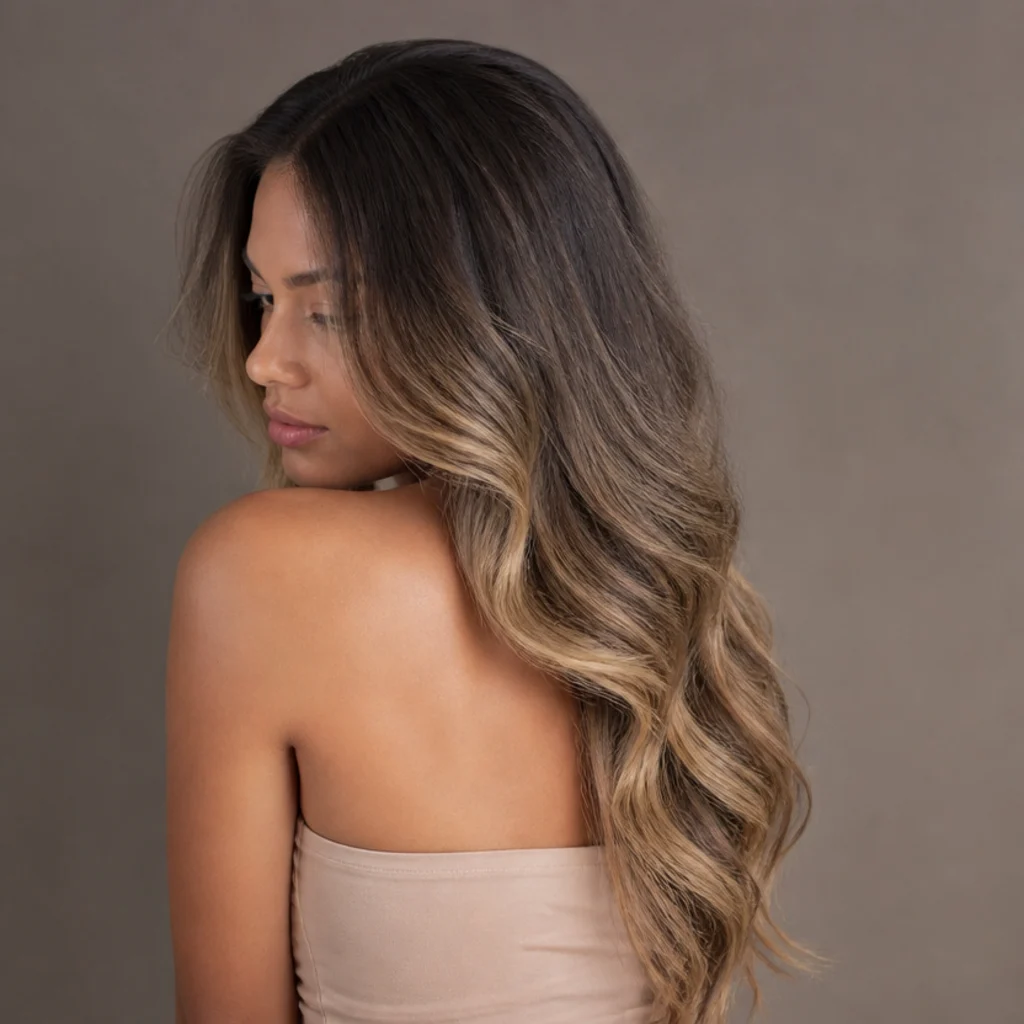 Long brunette hair melting into soft bronde ends through a high blurred melt point in a gradual creamy ombre, three-quarter back angle