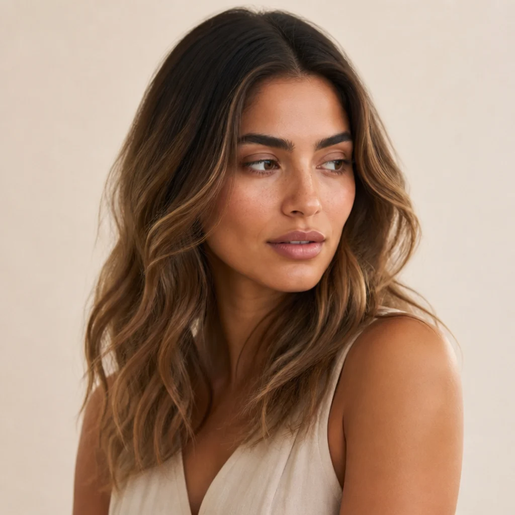 Brunette with a lived-in rooty latte blend, warm caramel-latte lengths melting from a soft deep root, three-quarter angle