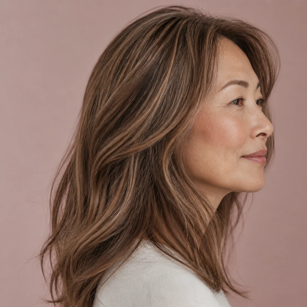 Brunette hair with soft muted mocha lowlights woven through a lighter, over-highlighted brown base to restore depth, side view