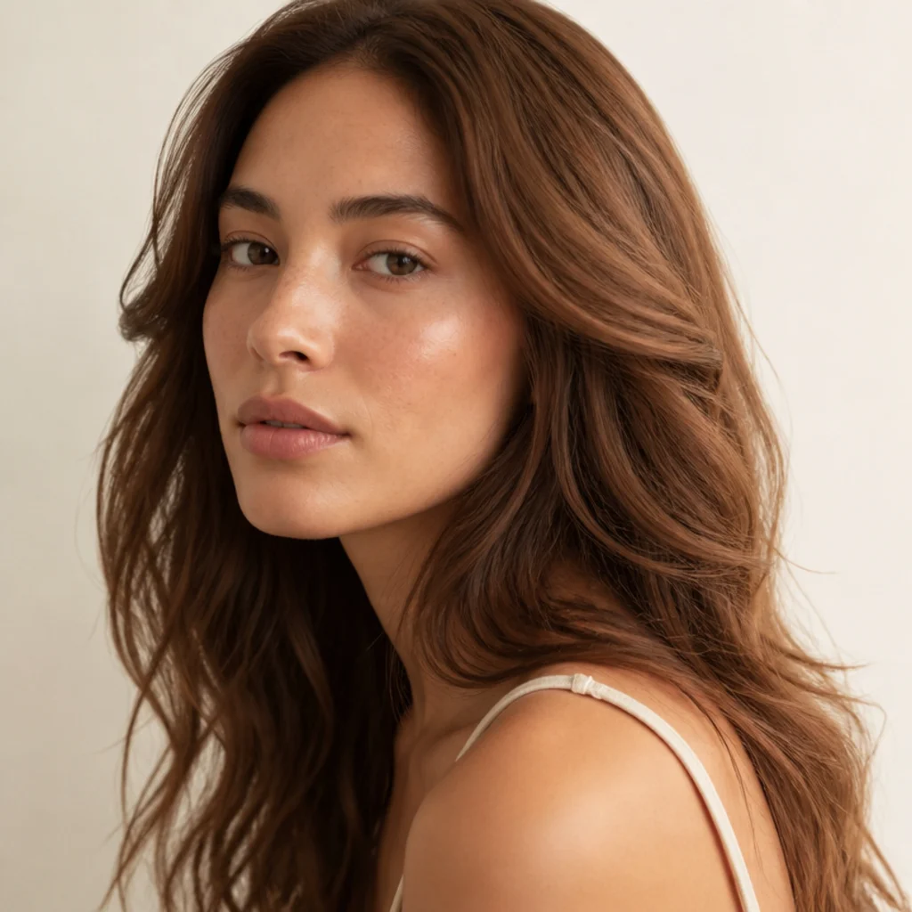Model with soft muted copper-brown hair showing gentle tone-on-tone warm dimension and shine, three-quarter angle