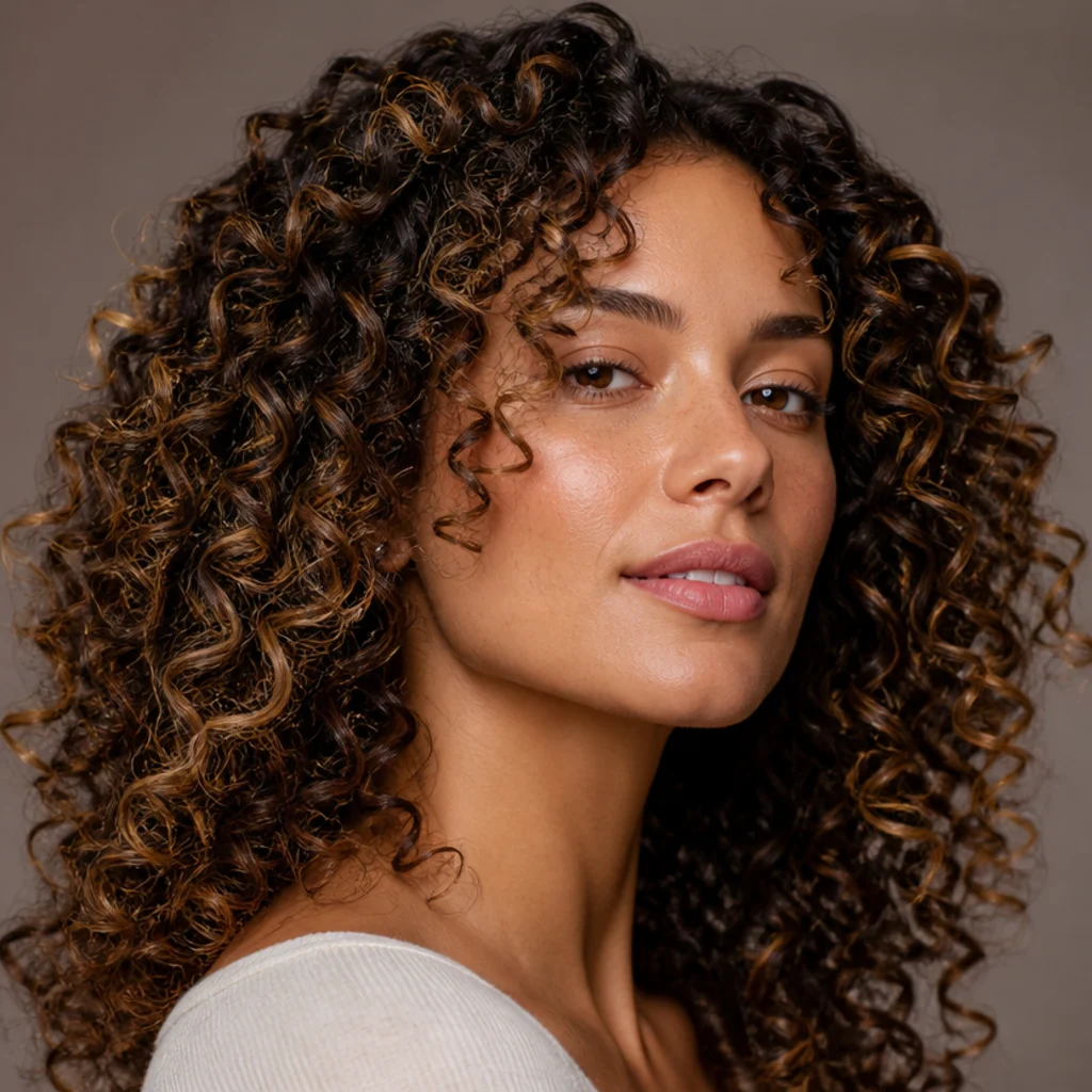 Curly brunette hair with soft caramel dimension painted dry to enhance each coil while the deeper base stays intact, three-quarter angle