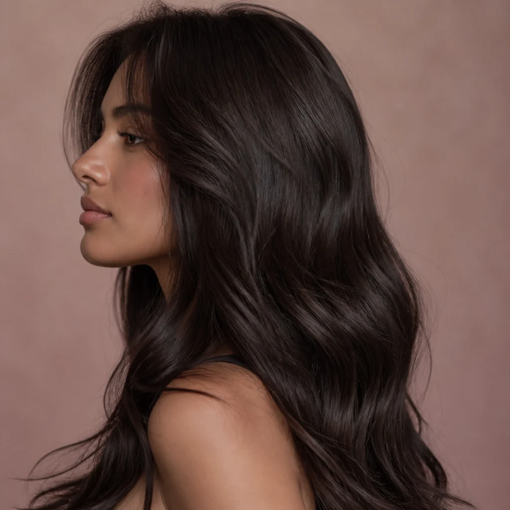 Deep smoky truffle brunette with soft cool low-contrast dimension and a glossy finish, side profile