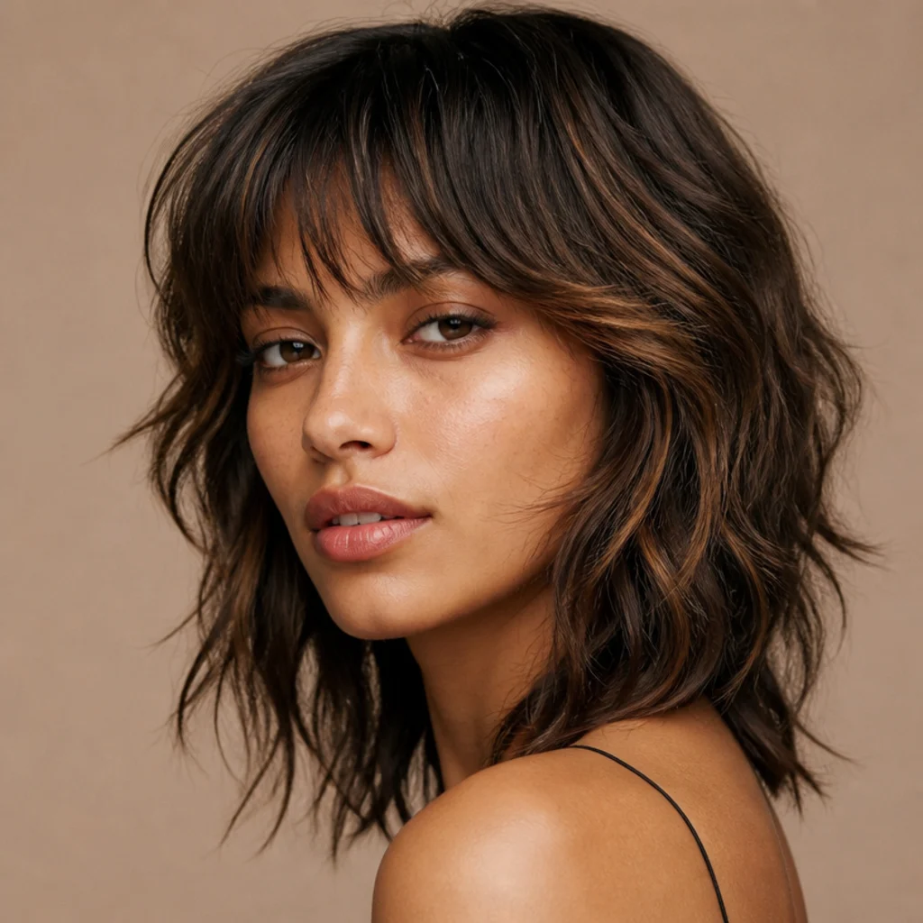 Brunette shag haircut with soft face-framing dimension and warm ribbons hand-painted to follow the layers, three-quarter angle