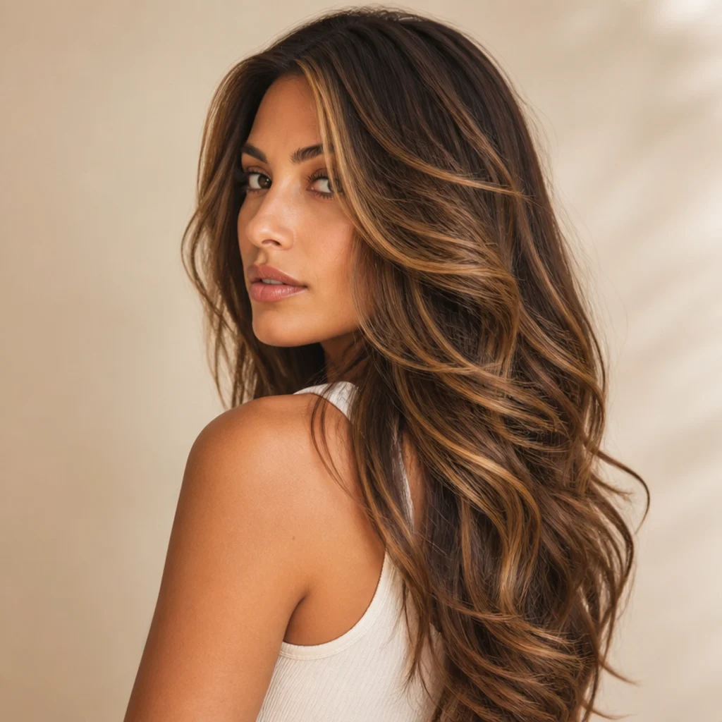 Long layered brunette hair with creamy praline balayage adding soft golden-brown dimension painted to follow the layers, three-quarter back angle