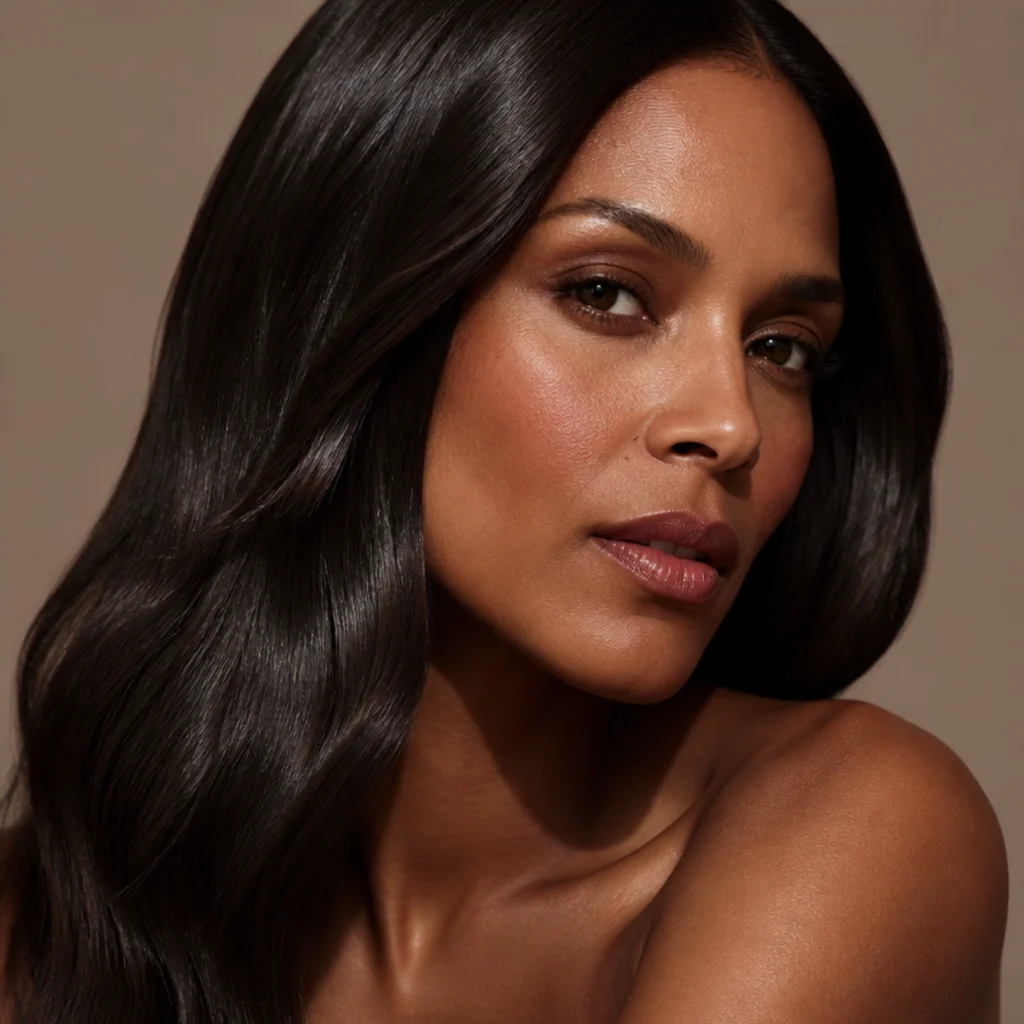 Model with glossy soft dark brunette color, tone-on-tone dimension and mirror-like high-shine finish, three-quarter angle