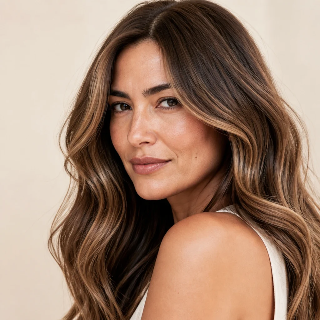 Brunette model with creamy caramel and cocoa balayage blended into soft dimension, photographed at a three-quarter angle in diffused studio light