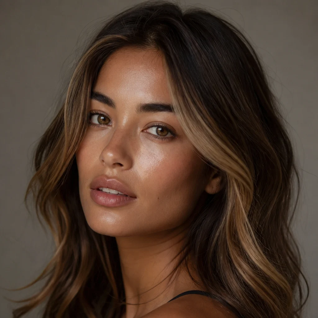 Three-quarter view of a chestnut-brunette model with warm honey money pieces framing both sides of the face over a level six dimensional brown base