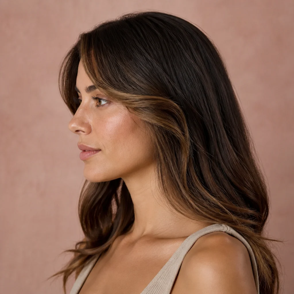 Side profile of a brunette model with barely-there caramel money pieces feathered softly into a dark brown dimensional base